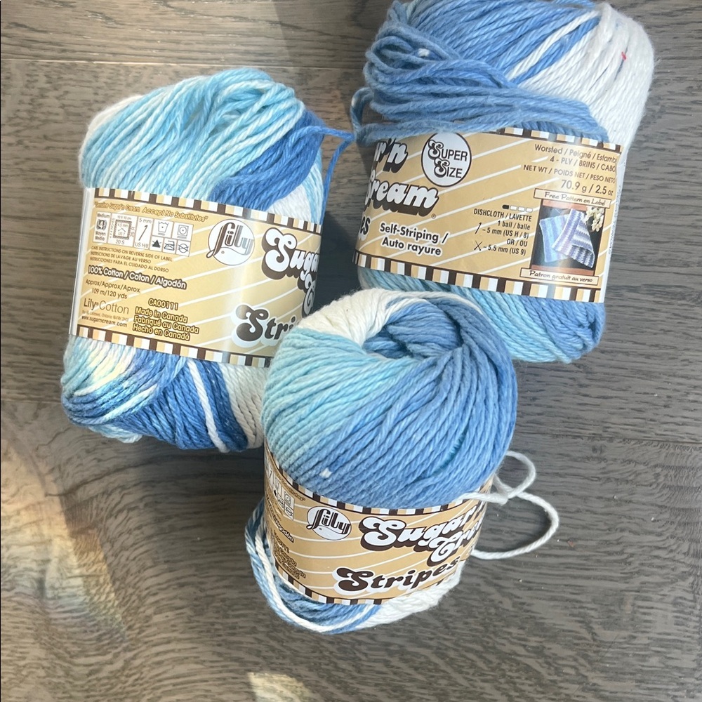Lily Stripes Self-Striping Cotton Yarn - Blue and White- lot of 3 skeins